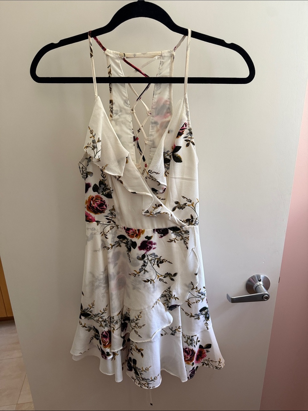 Hello Molly White Floral Ruffle Mini Dress with Pink & Green Accents